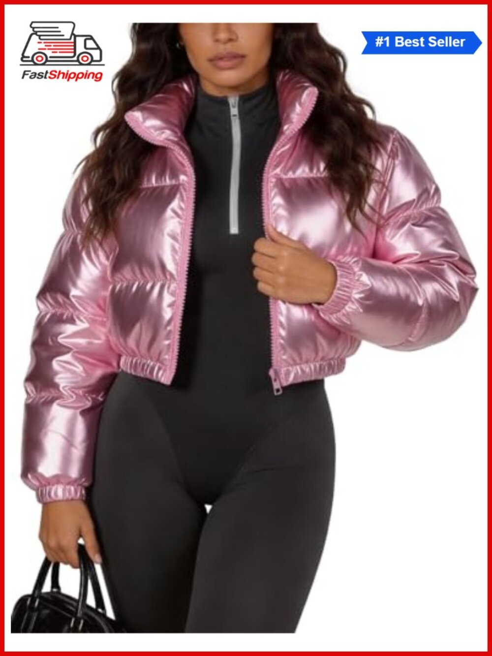 ✨Flygo Women's Metallic Shiny Cropped Puffer Jacket Zip Up Winter Coat